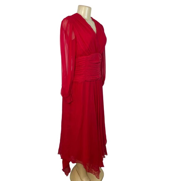 Vintage Red Long-Sleeve Chiffon Dress With Pleated Wrap Bodice Sz 10 - Picture 2 of 10